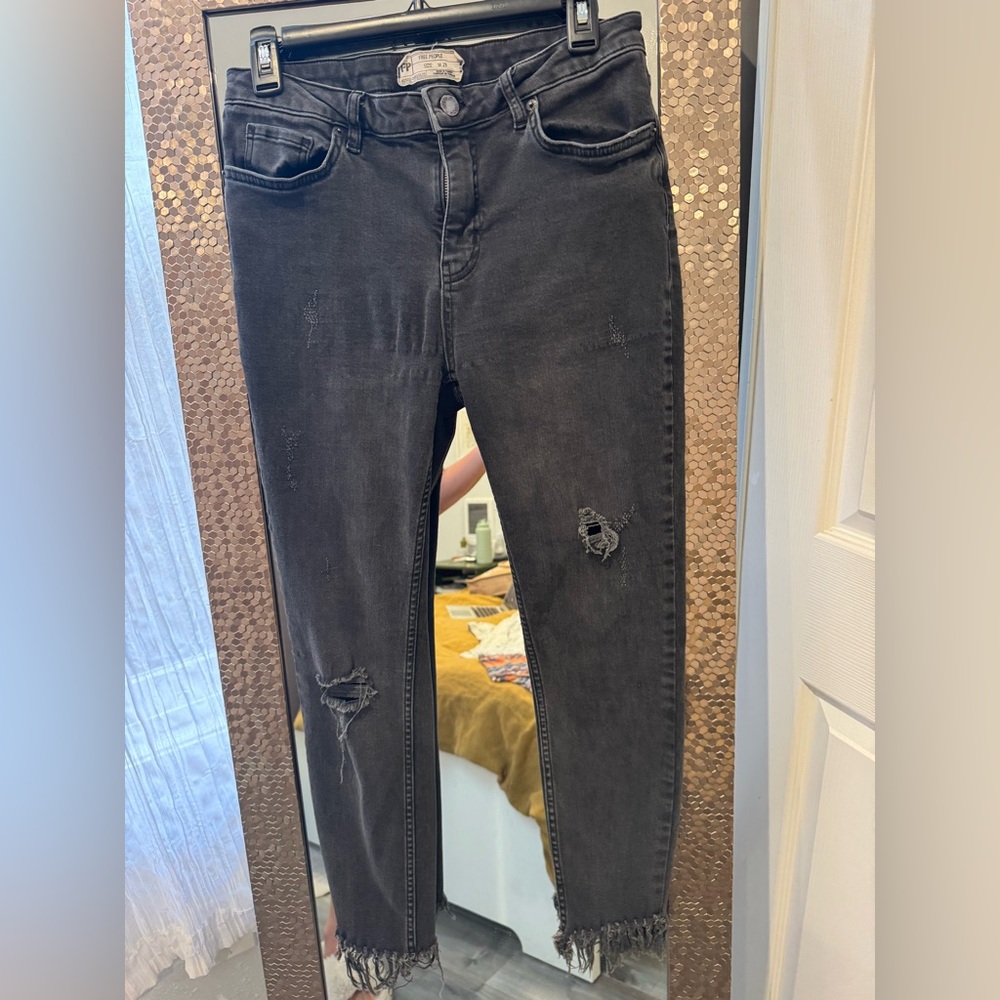 Free People Washed Black Raw Hem Distressed Jeans